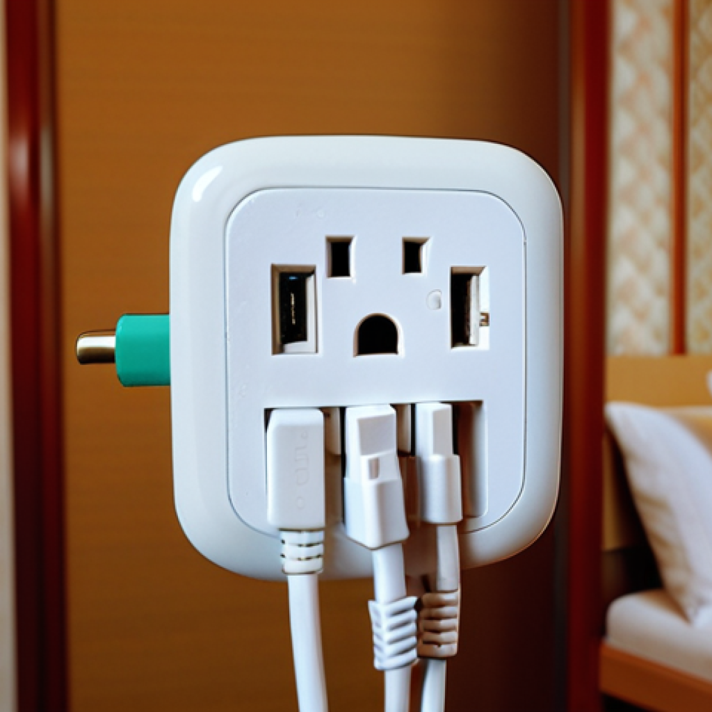 **A travel adapter plugged into a Hong Kong Type G outlet:** Focus on the adapter itself, showing its compatibility with the three-pronged outlet. A blurred background of a hotel room setting is acceptable.