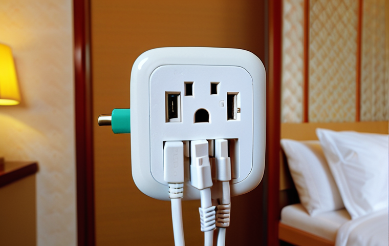 **A travel adapter plugged into a Hong Kong Type G outlet:** Focus on the adapter itself, showing its compatibility with the three-pronged outlet. A blurred background of a hotel room setting is acceptable.