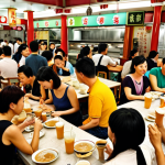 A bustling Cha Chaan Teng in Hong Kong, showcasing crowded tables with people drinking Hong Kong milk tea ("Nai cha"), capturing the vibrant energy of the local dining scene.