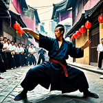 A Hong Kong martial arts film scene: a dynamic fight sequence in a crowded, old alleyway, featuring a charismatic hero skillfully battling multiple opponents. Capture the essence of wuxia with dramatic poses, vibrant colors, and a sense of justice prevailing amidst chaos.