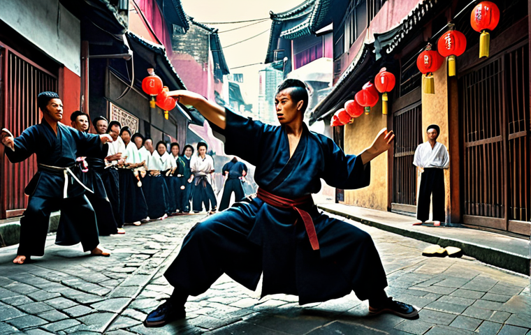 A Hong Kong martial arts film scene: a dynamic fight sequence in a crowded, old alleyway, featuring a charismatic hero skillfully battling multiple opponents. Capture the essence of wuxia with dramatic poses, vibrant colors, and a sense of justice prevailing amidst chaos.