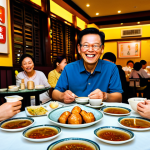 A diverse group of adults and older children, fully clothed in modest, casual attire, are gathered around a large round table in a bustling traditional Hong Kong dim sum restaurant during 'Yum Cha'. They are smiling and engaging in conversation, with multiple bamboo steamers, teapots, and small plates of various dim sum (including translucent Har Gow, vibrant Siu Mai, and fluffy Char Siu Bao) spread across the table. The background shows other diners and a warm, inviting atmosphere. perfect anatomy, correct proportions, natural pose, well-formed hands, proper finger count, professional photography, high resolution, vibrant colors, authentic atmosphere, safe for work, appropriate content, fully clothed, family-friendly.