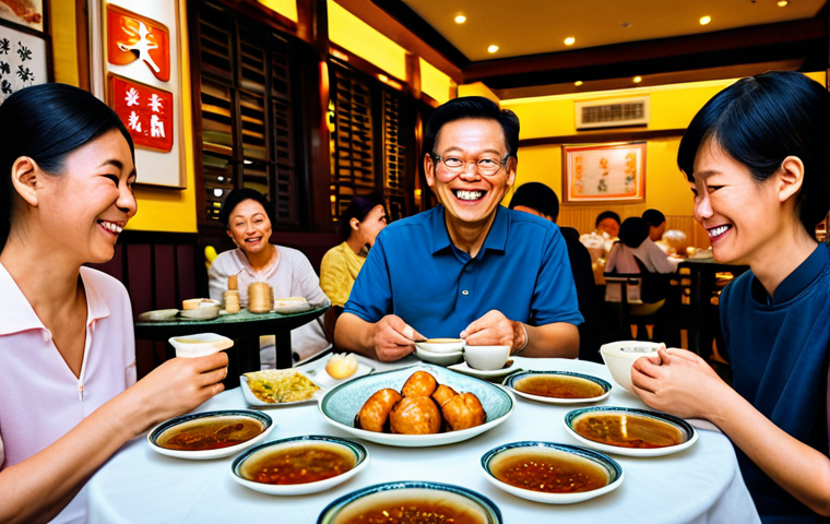 A diverse group of adults and older children, fully clothed in modest, casual attire, are gathered around a large round table in a bustling traditional Hong Kong dim sum restaurant during 'Yum Cha'. They are smiling and engaging in conversation, with multiple bamboo steamers, teapots, and small plates of various dim sum (including translucent Har Gow, vibrant Siu Mai, and fluffy Char Siu Bao) spread across the table. The background shows other diners and a warm, inviting atmosphere. perfect anatomy, correct proportions, natural pose, well-formed hands, proper finger count, professional photography, high resolution, vibrant colors, authentic atmosphere, safe for work, appropriate content, fully clothed, family-friendly.