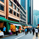 **

"Hong Kong cityscape with modern skyscrapers, a bustling street market scene with vendors selling tea, silk, and chinaware, fully clothed people in modest attire, blending traditional Chinese architecture with contemporary buildings, safe for work, appropriate content, perfect anatomy, natural proportions, professional photography, high quality, family-friendly."

**