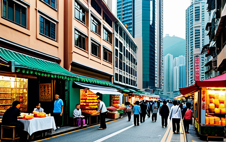 **

"Hong Kong cityscape with modern skyscrapers, a bustling street market scene with vendors selling tea, silk, and chinaware, fully clothed people in modest attire, blending traditional Chinese architecture with contemporary buildings, safe for work, appropriate content, perfect anatomy, natural proportions, professional photography, high quality, family-friendly."

**