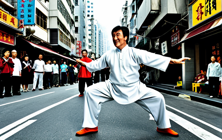 **

A dynamic action shot of Jackie Chan performing a comedic Kung Fu move in a bustling Hong Kong street scene, fully clothed in traditional attire, safe for work, appropriate content, professional, modest, perfect anatomy, correct proportions, natural pose, well-formed hands, proper finger count, natural body proportions, high quality.

**