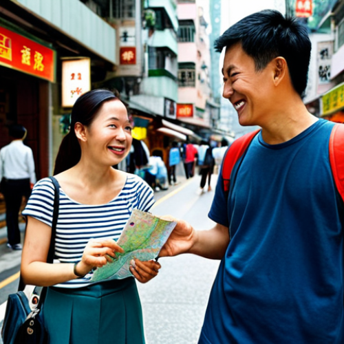 Asking for Directions**

A fully clothed tourist in Hong Kong, wearing modest attire and carrying a map, is politely asking a local for directions. The local is smiling and pointing. The scene takes place on a busy but clean Hong Kong street with shops and signs in the background. Appropriate content, safe for work, professional photography, perfect anatomy, correct proportions, natural pose.

**