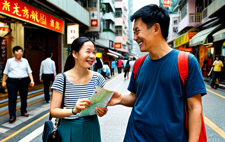 Asking for Directions**

A fully clothed tourist in Hong Kong, wearing modest attire and carrying a map, is politely asking a local for directions. The local is smiling and pointing. The scene takes place on a busy but clean Hong Kong street with shops and signs in the background. Appropriate content, safe for work, professional photography, perfect anatomy, correct proportions, natural pose.

**