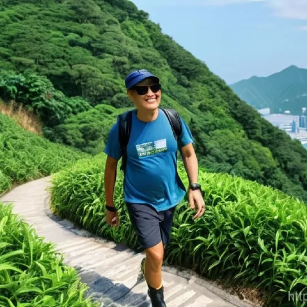 홍콩 유명 인물 - **Chow Yun-fat hiking in Hong Kong's lush mountains.** A wide shot of a fit, mature Asian man, resem...