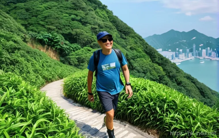 홍콩 유명 인물 - **Chow Yun-fat hiking in Hong Kong's lush mountains.** A wide shot of a fit, mature Asian man, resem...