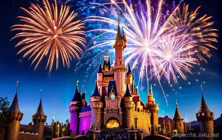 홍콩 디즈니랜드 여행 팁 - A vibrant, wide-angle shot of Hong Kong Disneyland's Sleeping Beauty Castle illuminated with festive...