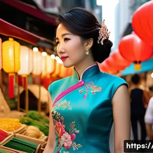홍콩 의류 및 전통 의상 - A graceful Hong Kong woman wearing a traditional Guangdong-style qipao with vibrant colors and intri...