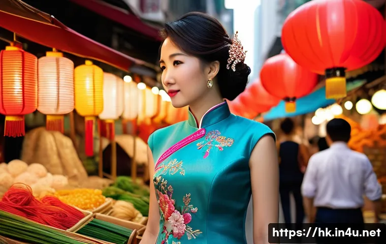 홍콩 의류 및 전통 의상 - A graceful Hong Kong woman wearing a traditional Guangdong-style qipao with vibrant colors and intri...