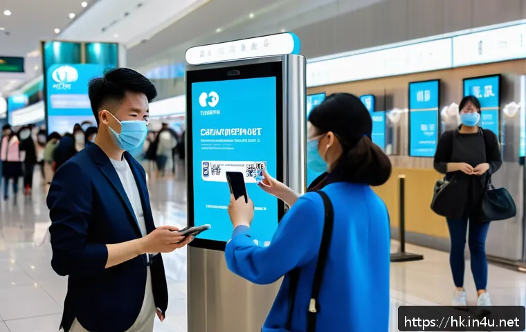 홍콩 코로나19 대응 평가 - A detailed urban scene in Hong Kong depicting a high-tech COVID-19 contact tracing system in use: pe...